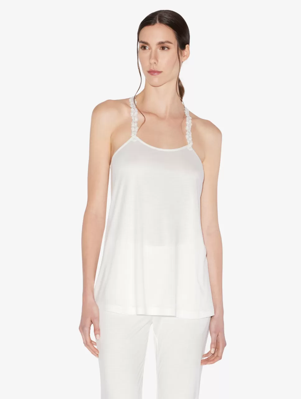 Online Canotta In Modal Off-white Con Tulle Ricamato Loungewear | Canotte & Top