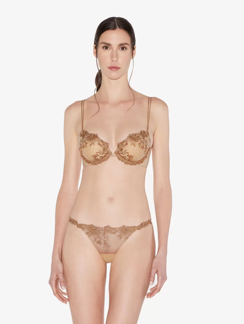 Shop Perizoma In Lycra® Beige Con Tulle Ricamato Perizomi & tanga