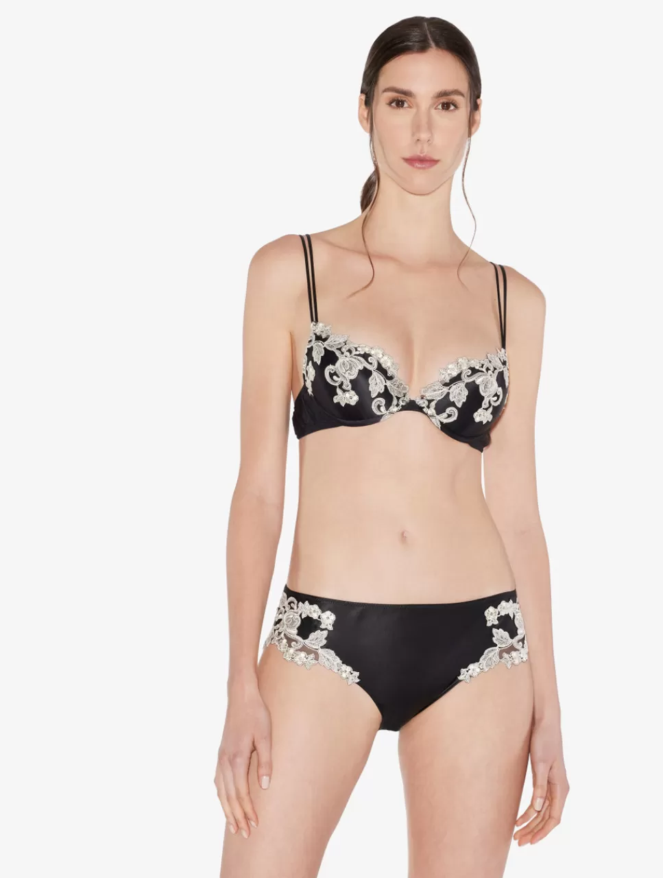 Fashion Reggiseno Push-up In Seta Nera Con Ricamo A Frastaglio Avorio Con ferretto | Imbottiti