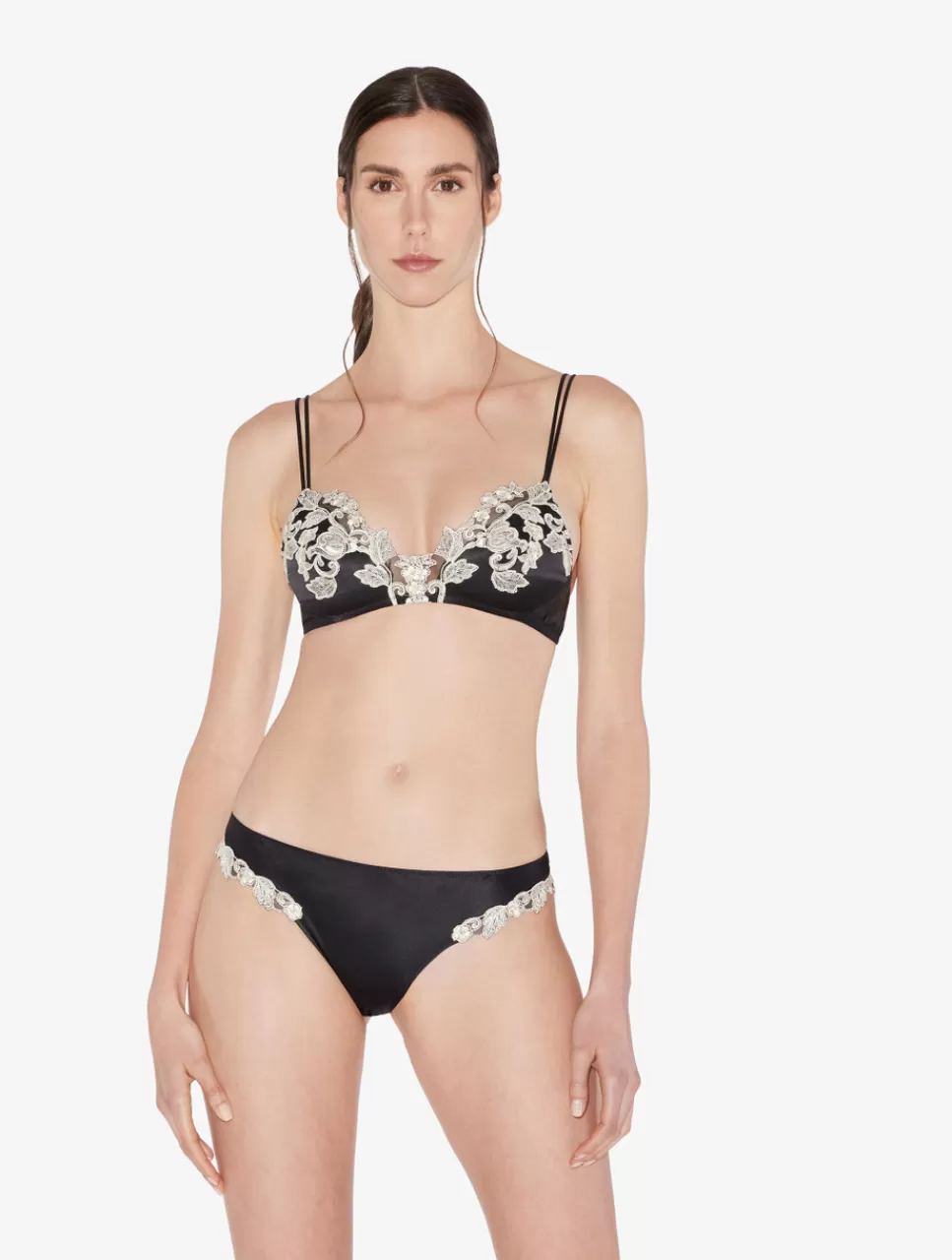 Cheap Slip Brasiliano In Seta Nera Con Ricamo A Frastaglio Avorio Brasiliani