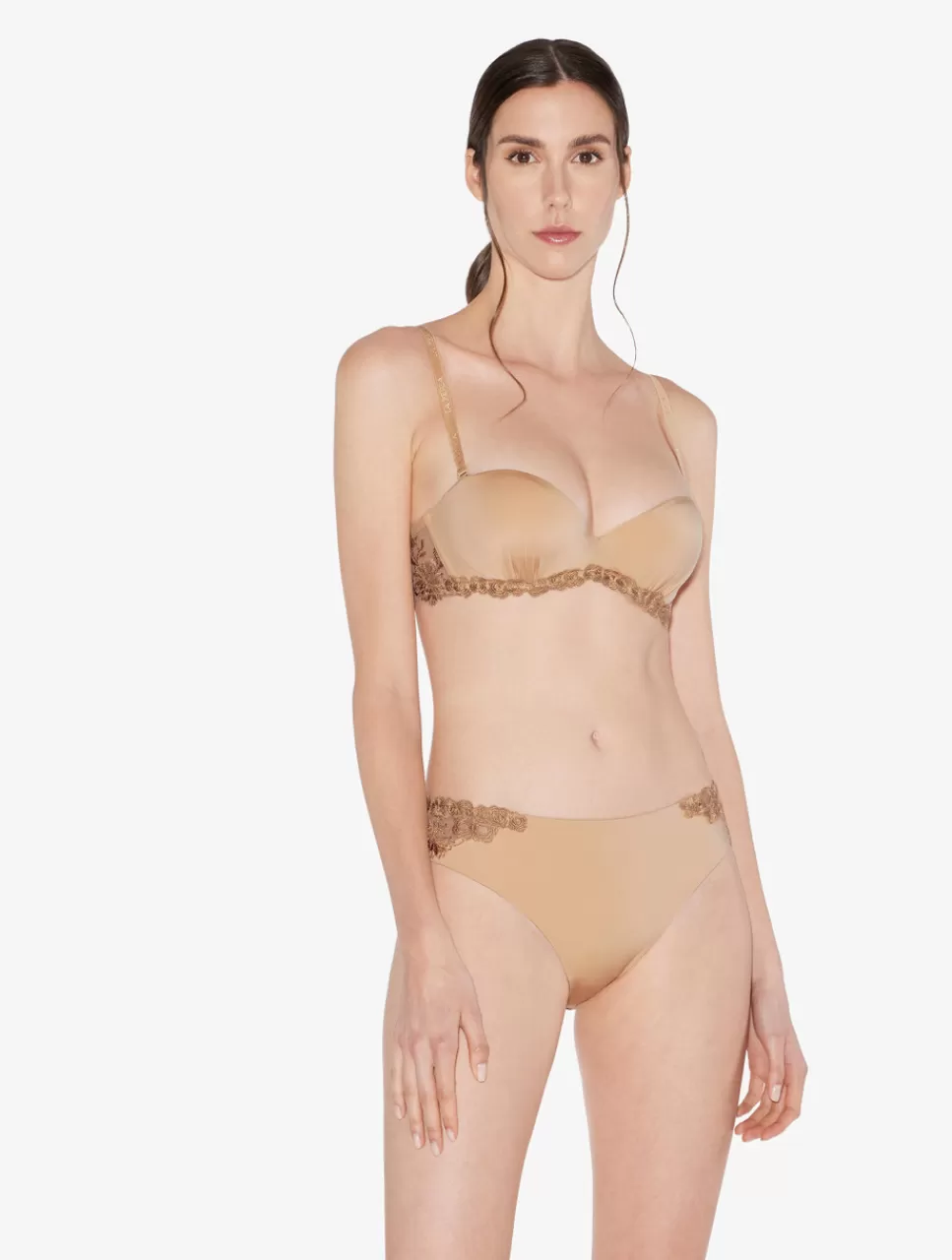 Flash Sale Slip Medio In Lycra® Beige Con Tulle Ricamato A vita media