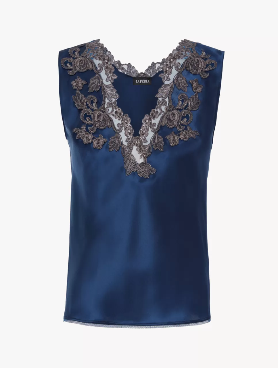 New Top In Raso Di Seta Blu Scuro Con Ricamo A Frastaglio Canotte & Top | Capi in seta